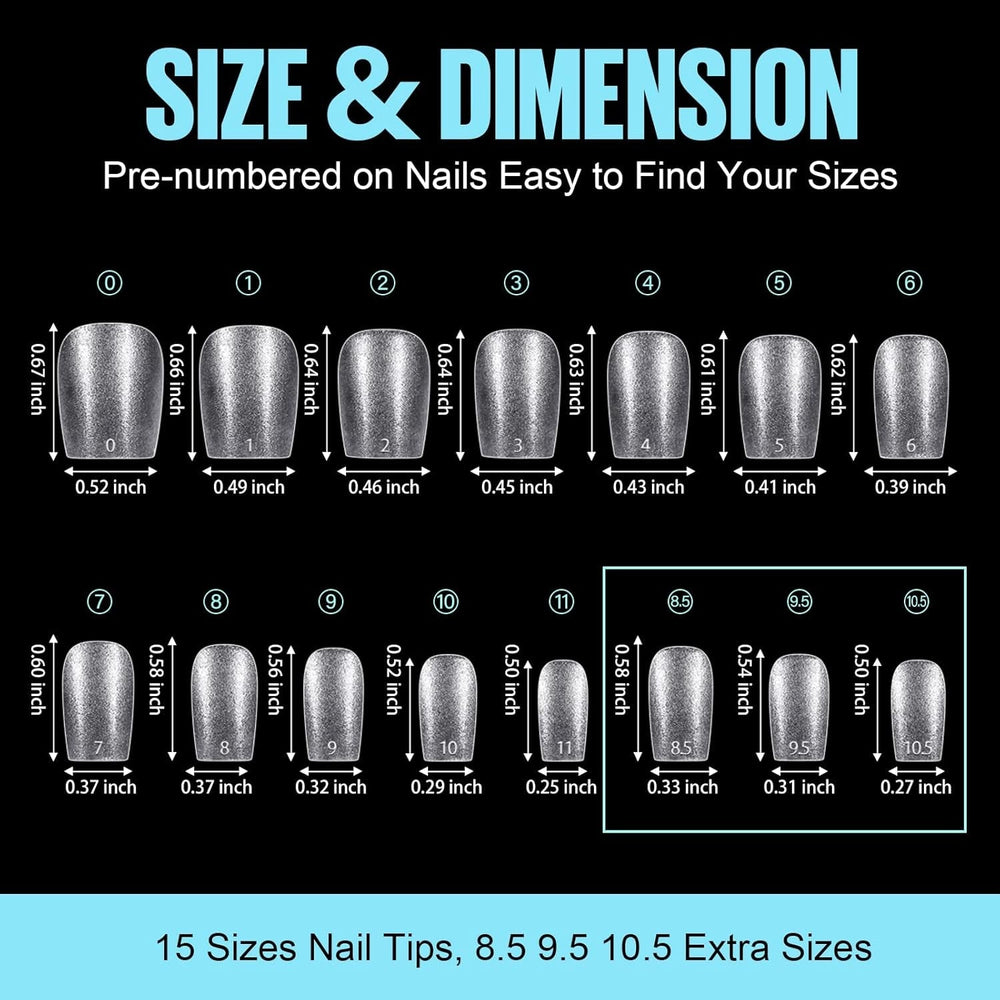 TOMICCA Coffin Tips Ultra Short Nail Tips - Tipuri de unghii, Tipuri moi cu gel, Acoperire completă, Tipuri de unghii artificiale mate preformate, Tipuri de gel pentru unghii cu gel - 360 bucăți, 15 mărimi