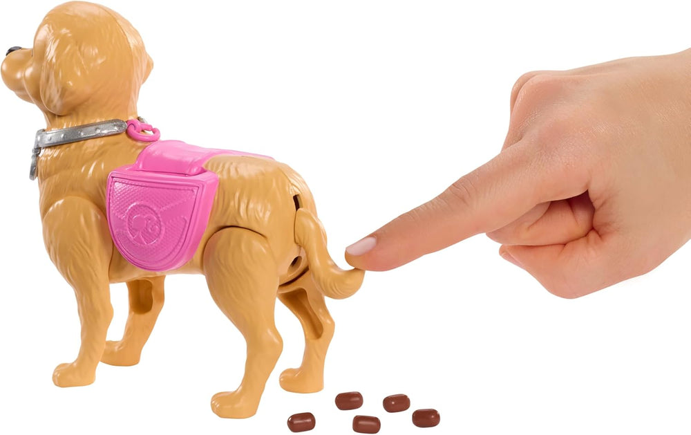 Barbie Hundespaziergang Spielset, enhtät einen Spielzeughund der gehen und Häufchen Machen kann, una Barbie Malibu-Puppe sowie EIN Kehrset und Hundezubehör, JJB46