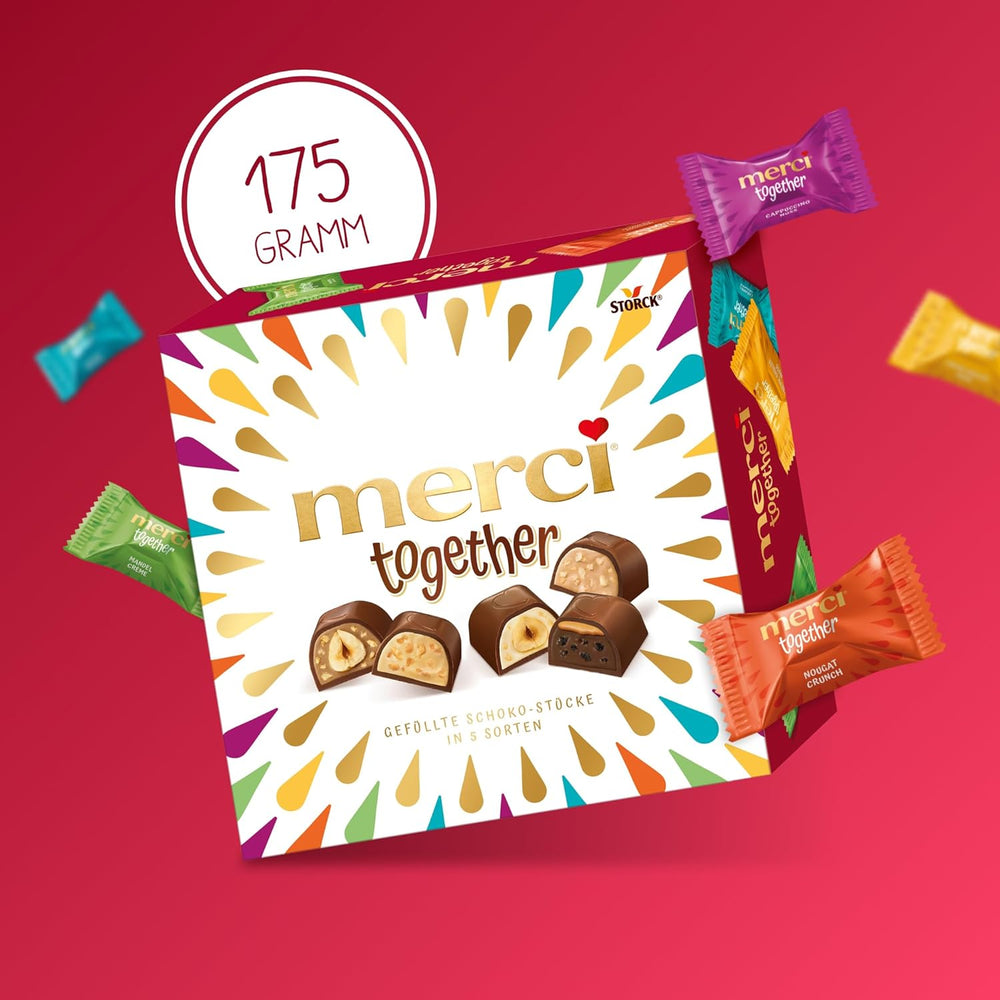 Merci Together - 1 x 175g - Bombones rellenos en cinco variedades con fino chocolate con leche - Bombones de chocolate para compartir y regalar