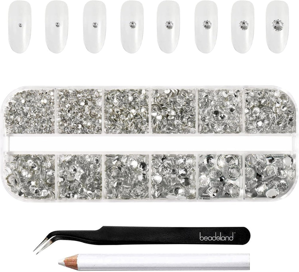 Beadsland 2500Pcs Glas Nailart Strasssteine Kristall Flatback Edelsteine Runde, ​​Für Handwerk Gemischt 8 Größen SS4 ~ SS30 Mit Picking Pinzette Und Stift (Kristall Weiss)