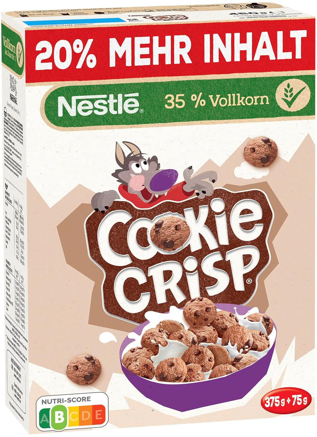 Nestlé Cookie Crisp (+20%), cereal integral de desayuno para niños, paquete de 1 (1x450g)