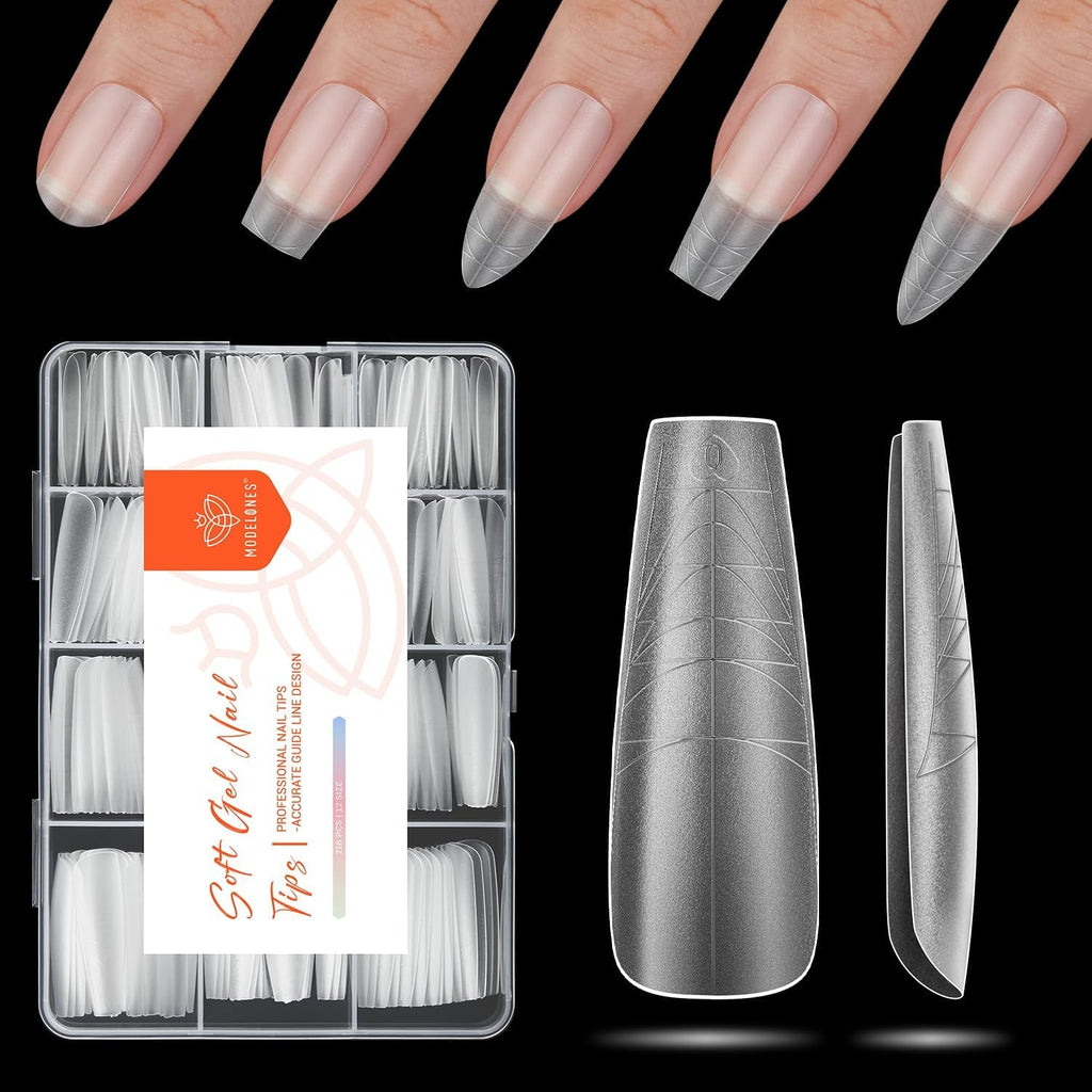 Modelones Tips Unghii 216 Piese - Set Tips Unghii Acoperire Completă, Set Tips Gel Moale, Tips Unghii Rășină PMMA Pre-Lustruire, Unghii Artificiale pentru Lipire pe Nail Art DIY, Migdale Scurte XS