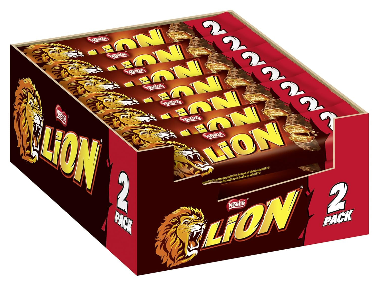NESTLÉ LION Choco, barra de chocolate crujiente con relleno de caramelo y oblea crujiente, paquete de 24 (24 x 42g)