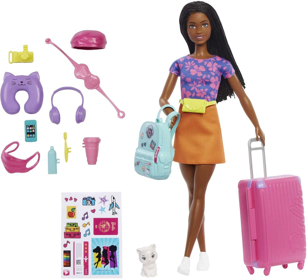 Păpușă Barbie, Travel Barbie cu păr blond, 10+ accesorii de călătorie, autocolante, valiză, cățeluș, incl. 1 păpușă, cadou pentru copii, jucărie de la 3 ani,Hjy18 Papusi Naty Shop Singur Multicolor