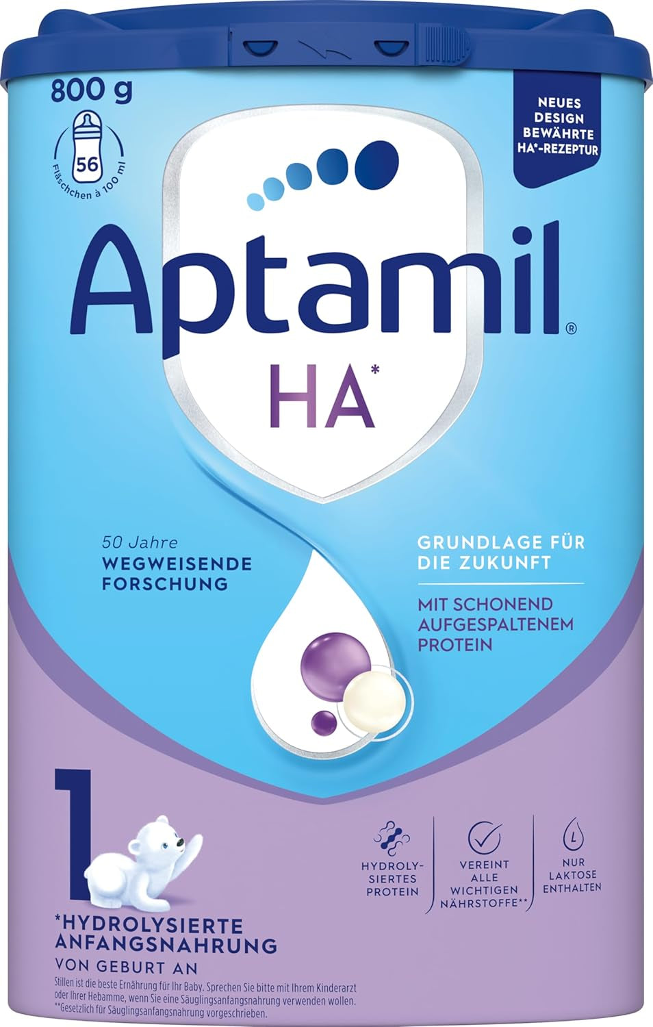 Aptamil HA 1 - Fórmula infantil desde el nacimiento, con DHA, sin lactosa, sin aceite de palma, papilla, leche en polvo, 1 x 800 g
