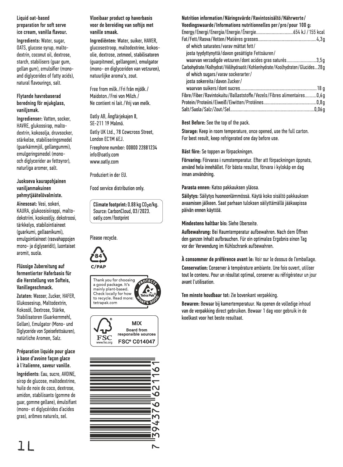 Oatly Soft Serve Mix para la producción de helado suave a base de plantas en la máquina de hielo 1L, (paquete de 6)