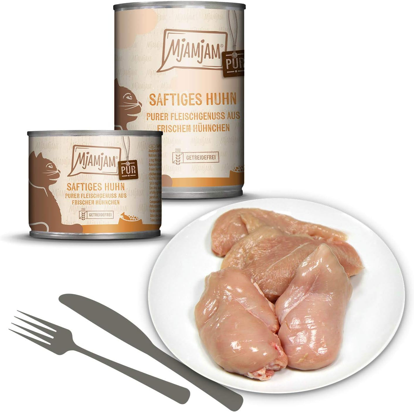 MjAMjAM - Hrană umedă premium pentru pisici - plăcere pură cu carne - pui suculent, pachet de 6 (6 x 800 g), fără cereale cu extra carne