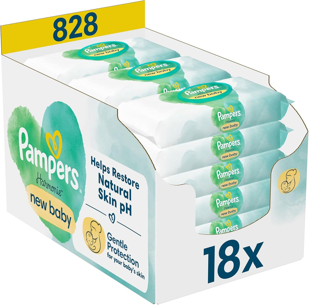 Toallitas húmedas Pampers Harmonie Protect & Care, 18 paquetes de 44 toallitas cada uno = 792 toallitas que ayudan a restaurar el equilibrio natural del pH de la piel.