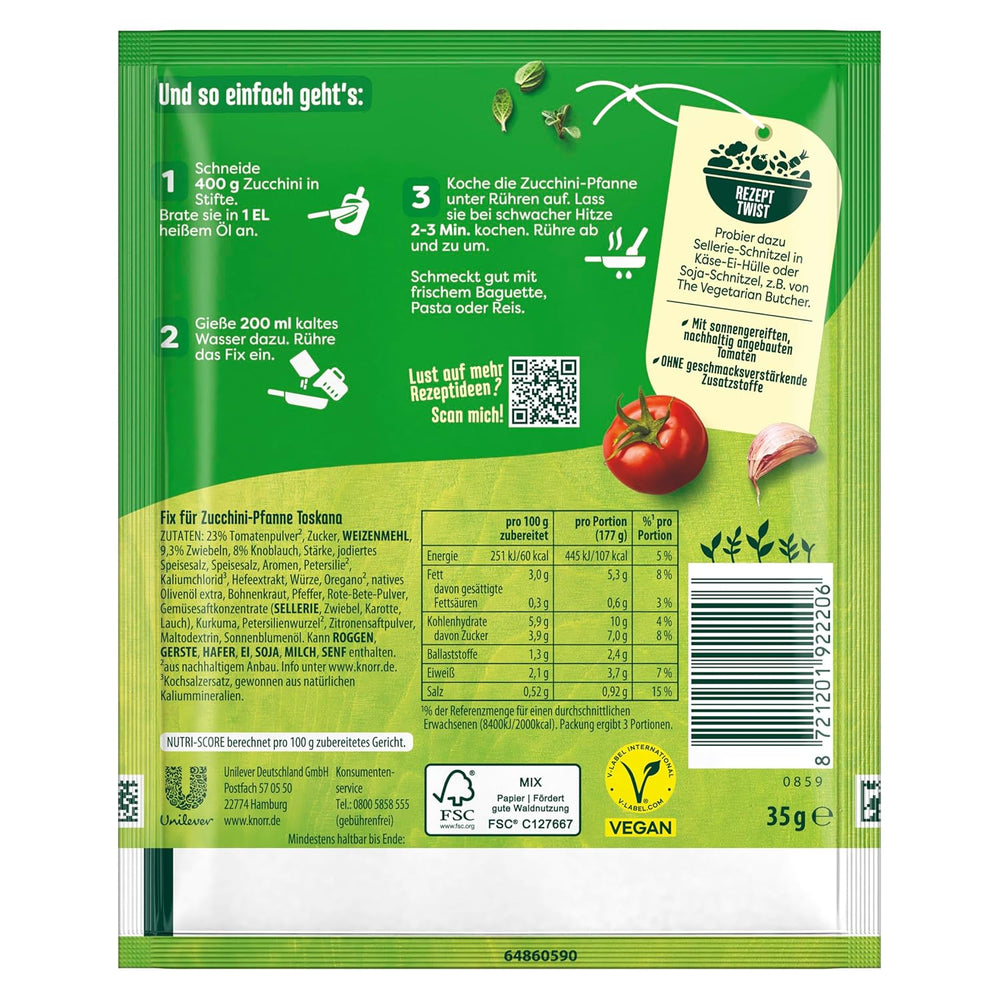 Knorr Fix Veggie Würzmischung Zucchini-Pfanne Toskana con gemüse für eine leckeres Gericht ohne geschmacksverstärkende Zusatzstoffe 3 porciones