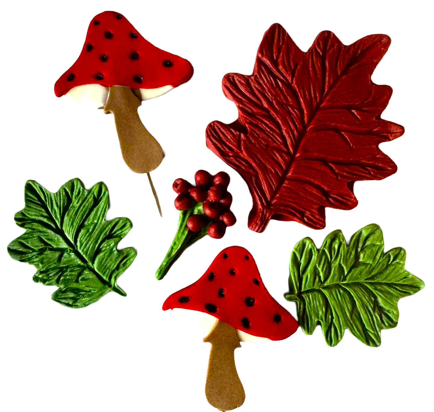Set de 6 adornos comestibles de otoño para tartas – Hechos a mano en pasta de azúcar, 5–9 cm