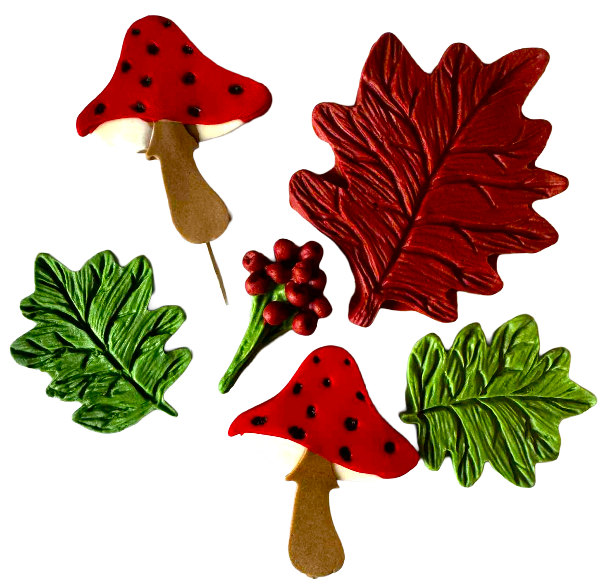 Set de 6 adornos comestibles de otoño para tartas – Hechos a mano en pasta de azúcar, 5–9 cm