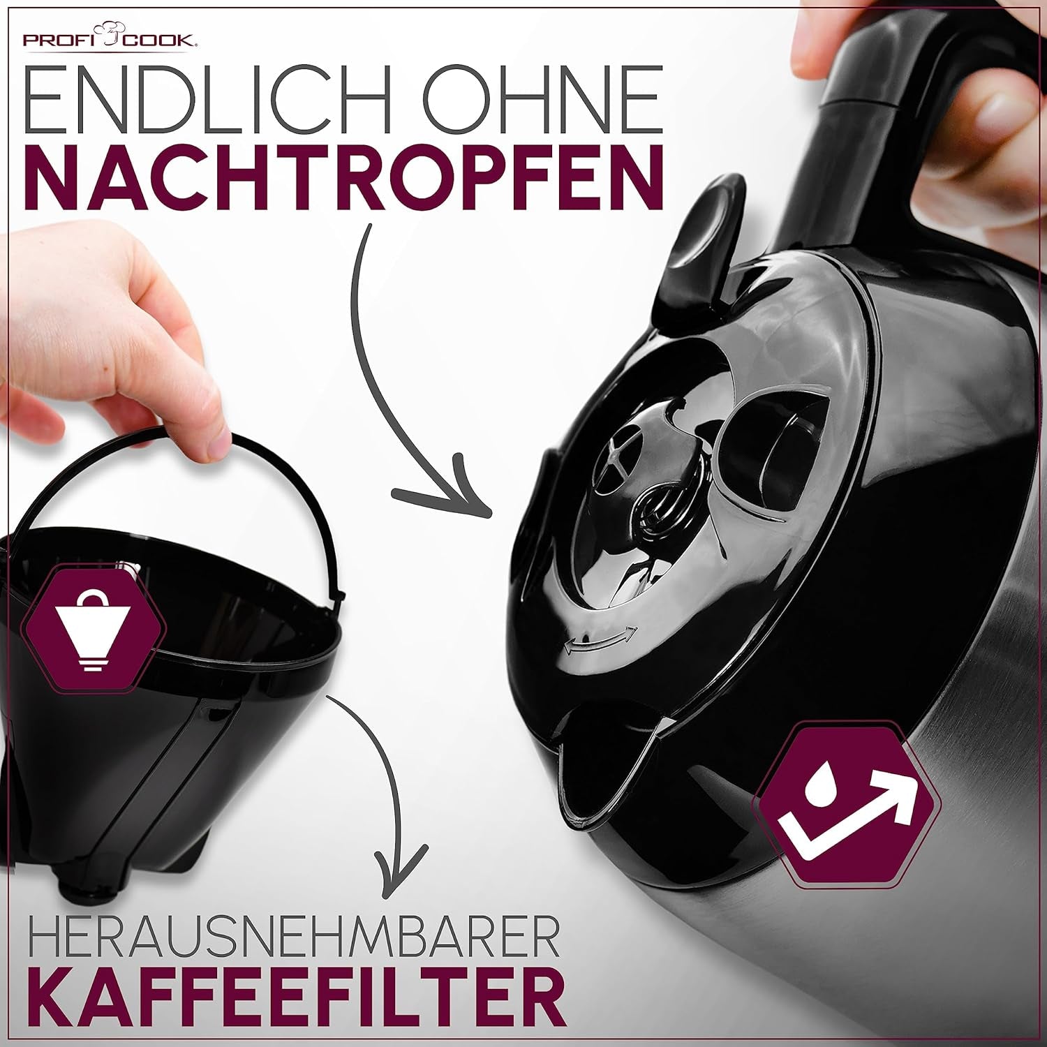 Cafetieră Profi Cook | 8-10 cești | Temporizator | Comenzi tactile cu senzor | Carafă termos cu pereți dubli de 1,2 litri | Sigiliu pentru aromă | Cafetieră cu filtru din oțel inoxidabil | PC-KA 1191