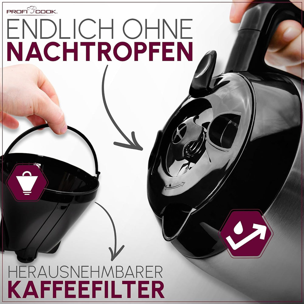 Cafetieră Profi Cook | 8-10 cești | Temporizator | Comenzi tactile cu senzor | Carafă termos cu pereți dubli de 1,2 litri | Sigiliu pentru aromă | Cafetieră cu filtru din oțel inoxidabil | PC-KA 1191
