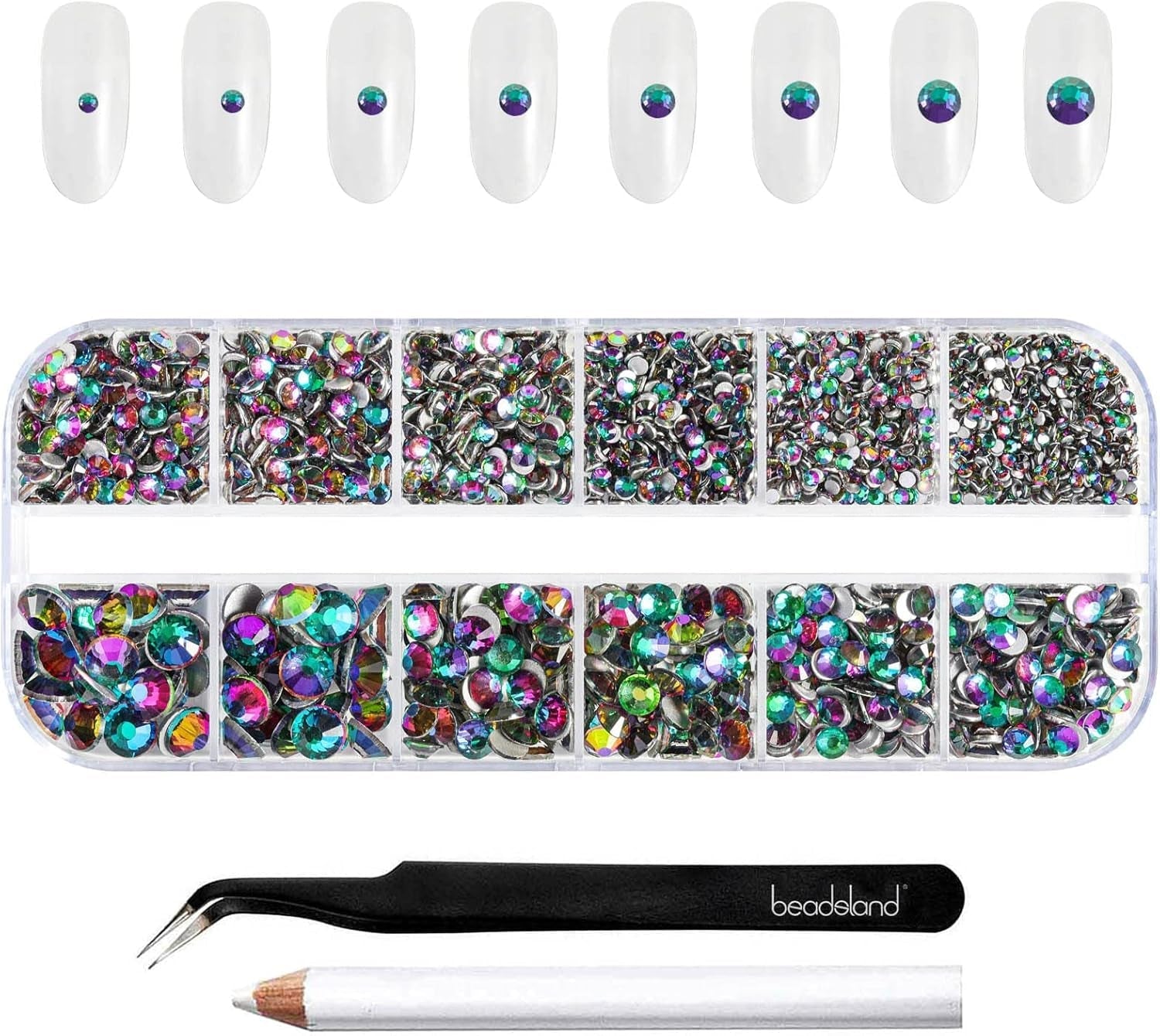 Beadsland 2500Pcs Glas Nailart Strasssteine Kristall Flatback Edelsteine Runde, ​​Für Handwerk Gemischt 8 Größen SS4 ~ SS30 Mit Picking Pinzette Und Stift (Kristall Weiss)