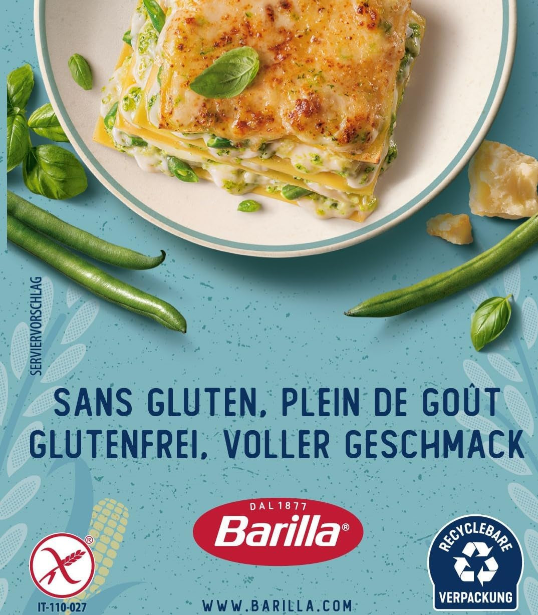 Barilla Pasta Lasaña Sin Gluten, elaborada con deliciosa maíz y arroz, perfecta para personas celíacas o intolerantes al gluten, paquete de 10 (10 x 250g)
