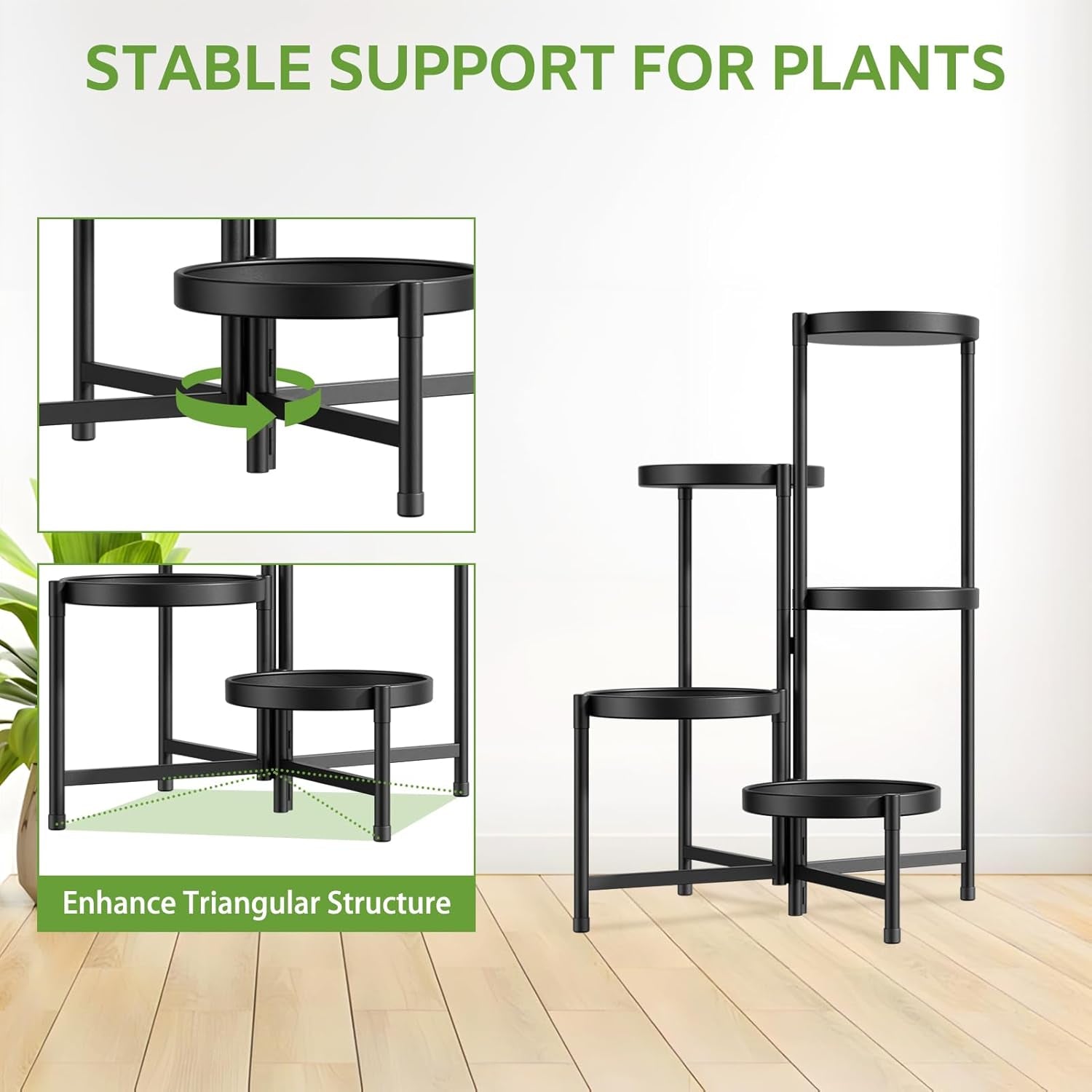Idavosic.Ly Pflanzenständer Metall Groß Mit 5 Etagen, Blumenständer Pflanzenregal Blumenregal Indoor Outdoor, Faltbar Blumentreppen Innen Plant Stand Shelf Für Garten Balkon Wohnzimmer (Rund, Schwarz)