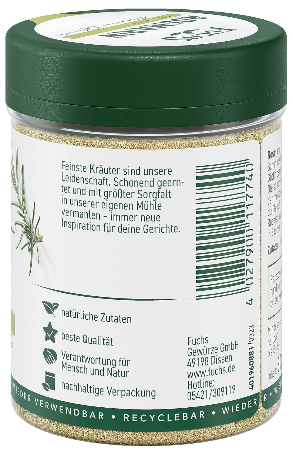 Fuchs Gewürze - Rosmarin gemahlen - zum Würzen von Fisch, Fleisch und Gemüse - ingredientes naturales - 30 g en wiederverwendbarer, recyclebarer Dosis