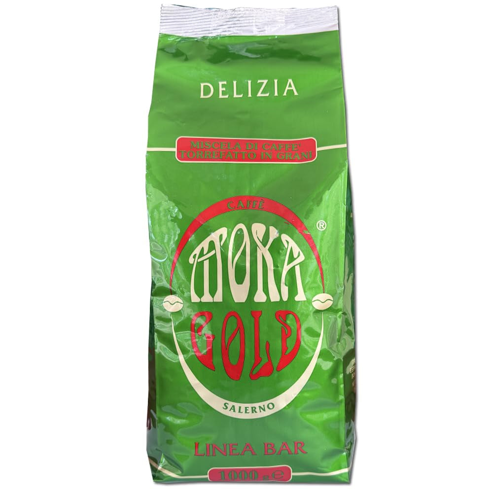 Linia Moka Gold Delizia – 5 pliculețe a câte 1 kg fiecare – Boabe de cafea cu gust rafinat – Amestec robust de Arabica – Ideal pentru baruri și restaurante – Ambalat cu aromă – Prăjit manual – Campania