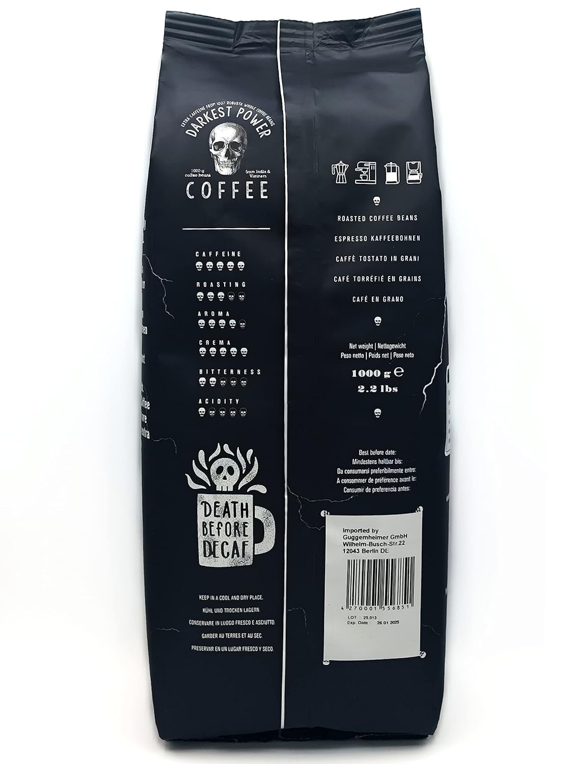 | Kaffeebohnen extra stark | Espresso 100% Robusta | viel Koffein wenig Säure | 1000g ganze Kaffee Bohnen | geeignet für Vollautomat | mit Zufriedenheitsgarantie