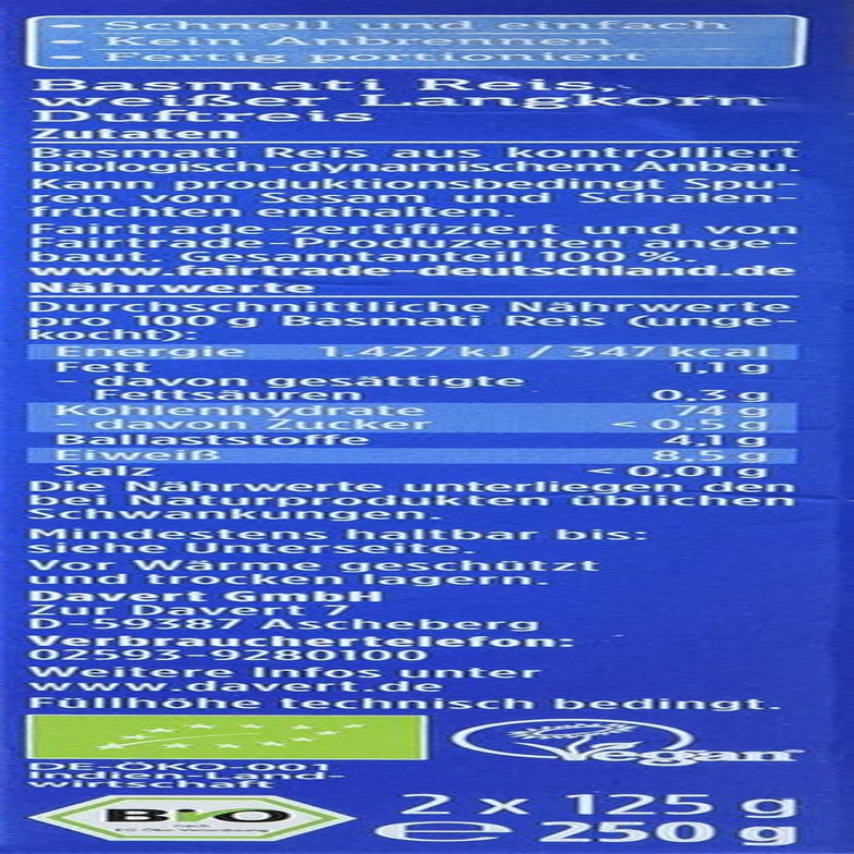 Davert arroz basmati orgánico en bolsas para cocinar, 2 bolsas, 250 g