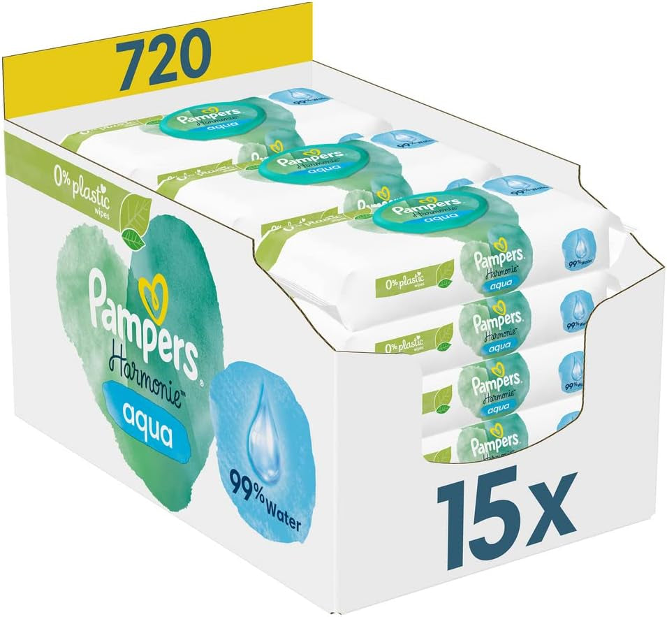 Caja de recambio 2320 Plus 2017 (paquete de 6) y caja de toallitas húmedas Pampers Harmony Aqua Baby, 720 toallitas (15 x 48), protección suave de la piel con 99% de agua