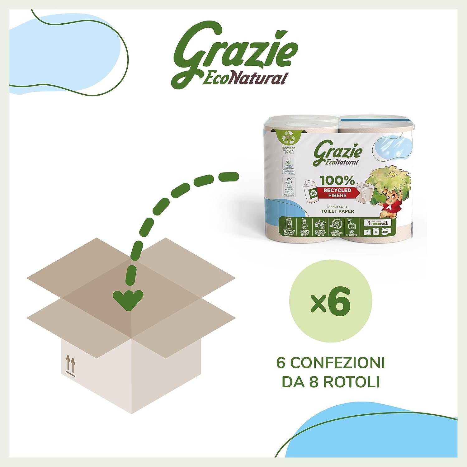 Grazie Natural, hârtie igienică, Maxi Ecol FSC, 48 role, testată dermatologic, hârtie igienică 100% reciclată, ecologică, fabricată în Italia