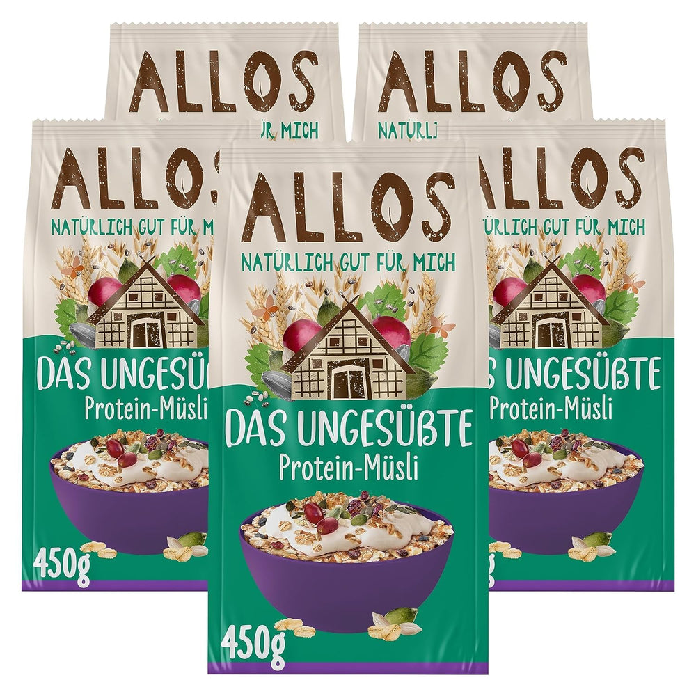 Allos muesli proteico sin azúcar | Muesli orgánico | Avena | Cereales para el desayuno | Vegano (5 x 450 g), 1 pieza (paquete de 5)