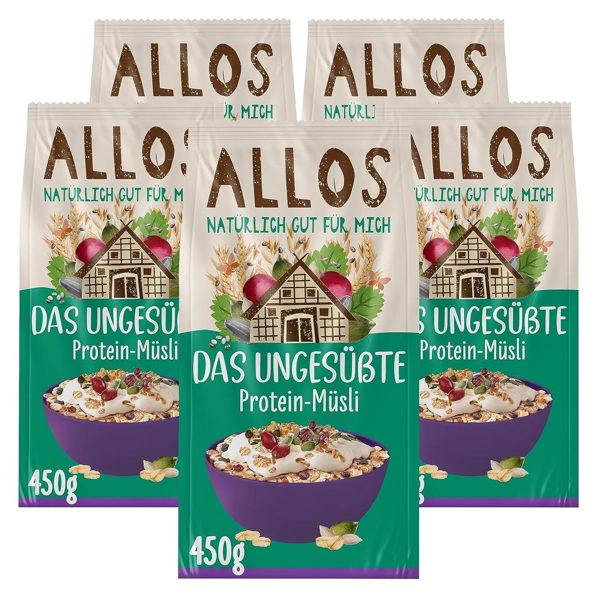 Allos muesli proteico sin azúcar | Muesli orgánico | Avena | Cereales para el desayuno | Vegano (5 x 450 g), 1 pieza (paquete de 5)
