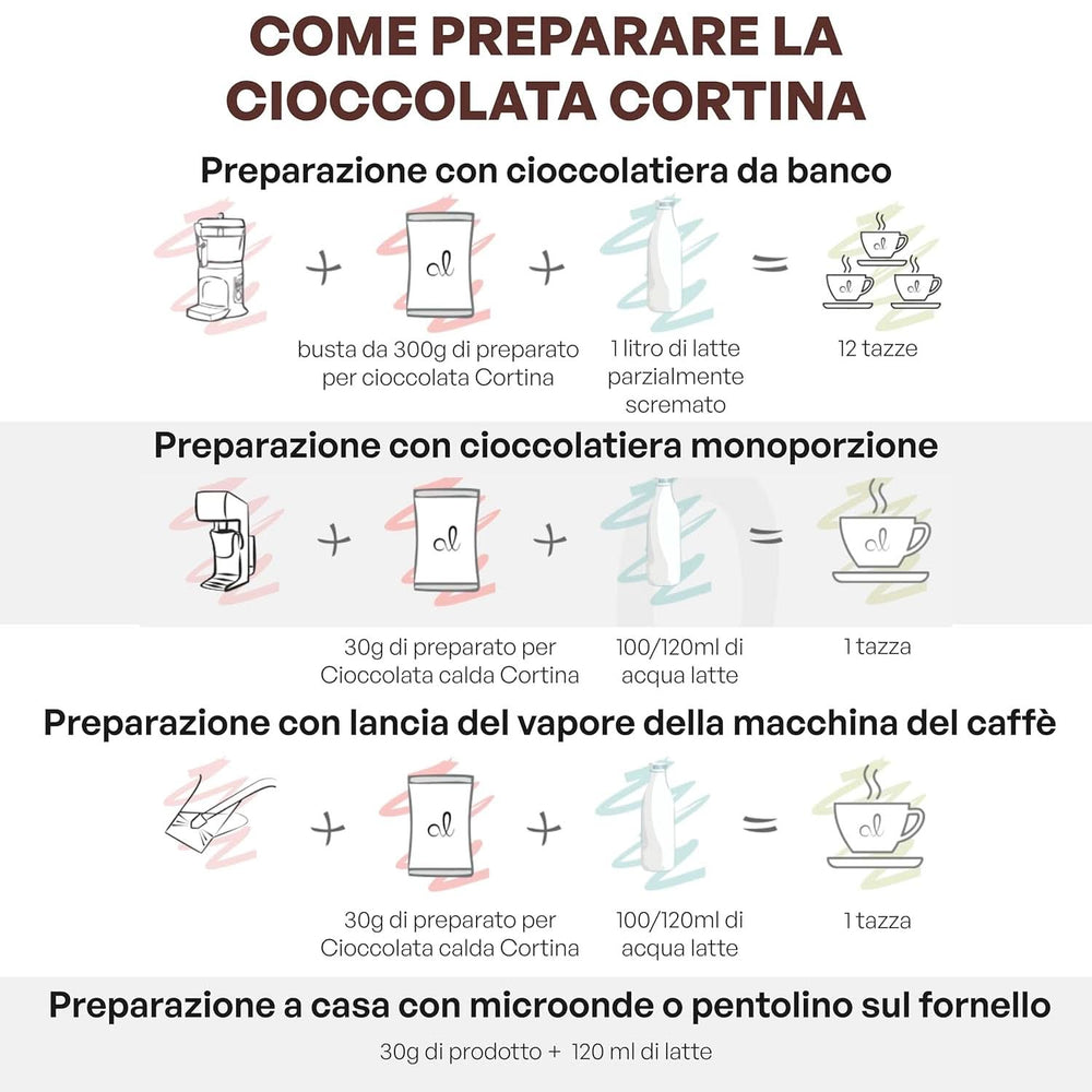Chocolate caliente italiano Cortina TARTA DE CHOCOLATE AMARGO, 15 sobres X 30 gramos Cacao y Chocolate Caliente Naty Shop