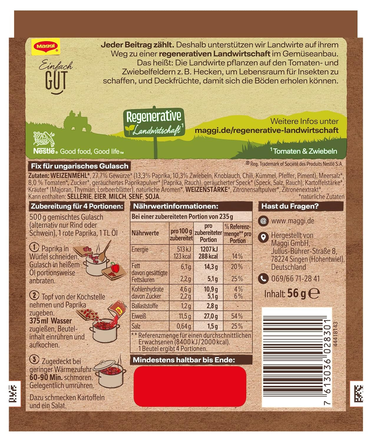 MAGGI Fix para gulash húngaro, Würzmischung, mit natürliche Ingredient*, para 4 porciones, 1er paquete (1 x 56g Packung)