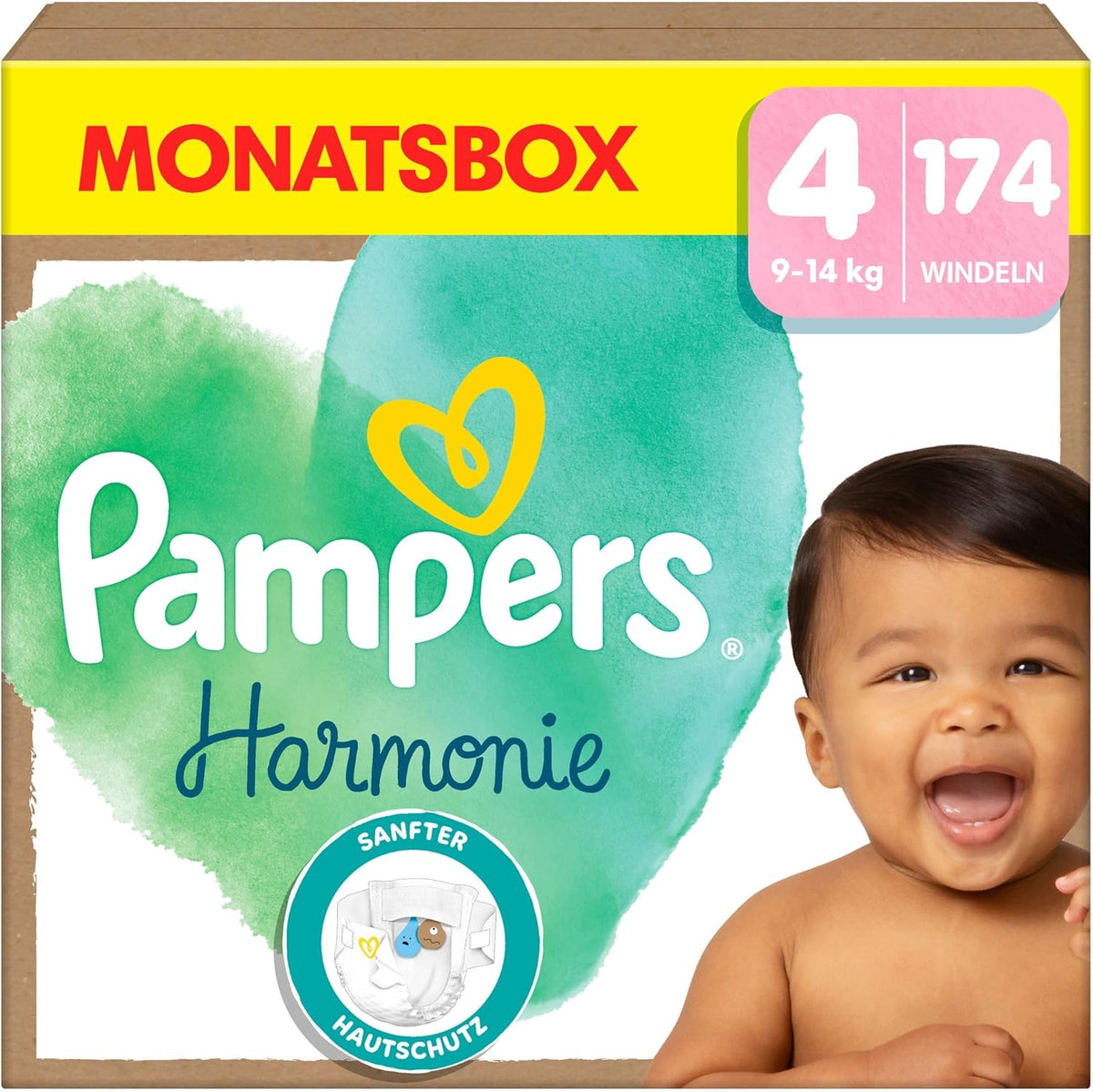 Pañales Pampers Harmony talla 4, 174 pañales, 9 kg-14 kg, protección suave para la piel con 100% protección Pampers