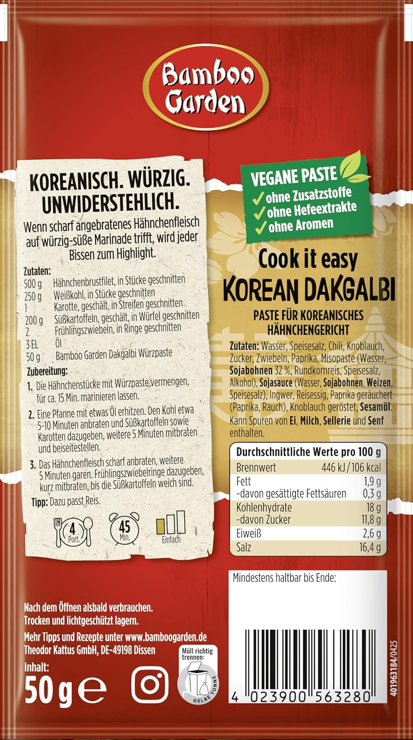 Jardín de bambú - Dakgalbi Würzpaste coreano | Zum Marinieren von Hühnchen, Gemüse und Tofu | Para 4 porciones | Ingredientes veganos y naturales | 50 gramos en bolsa