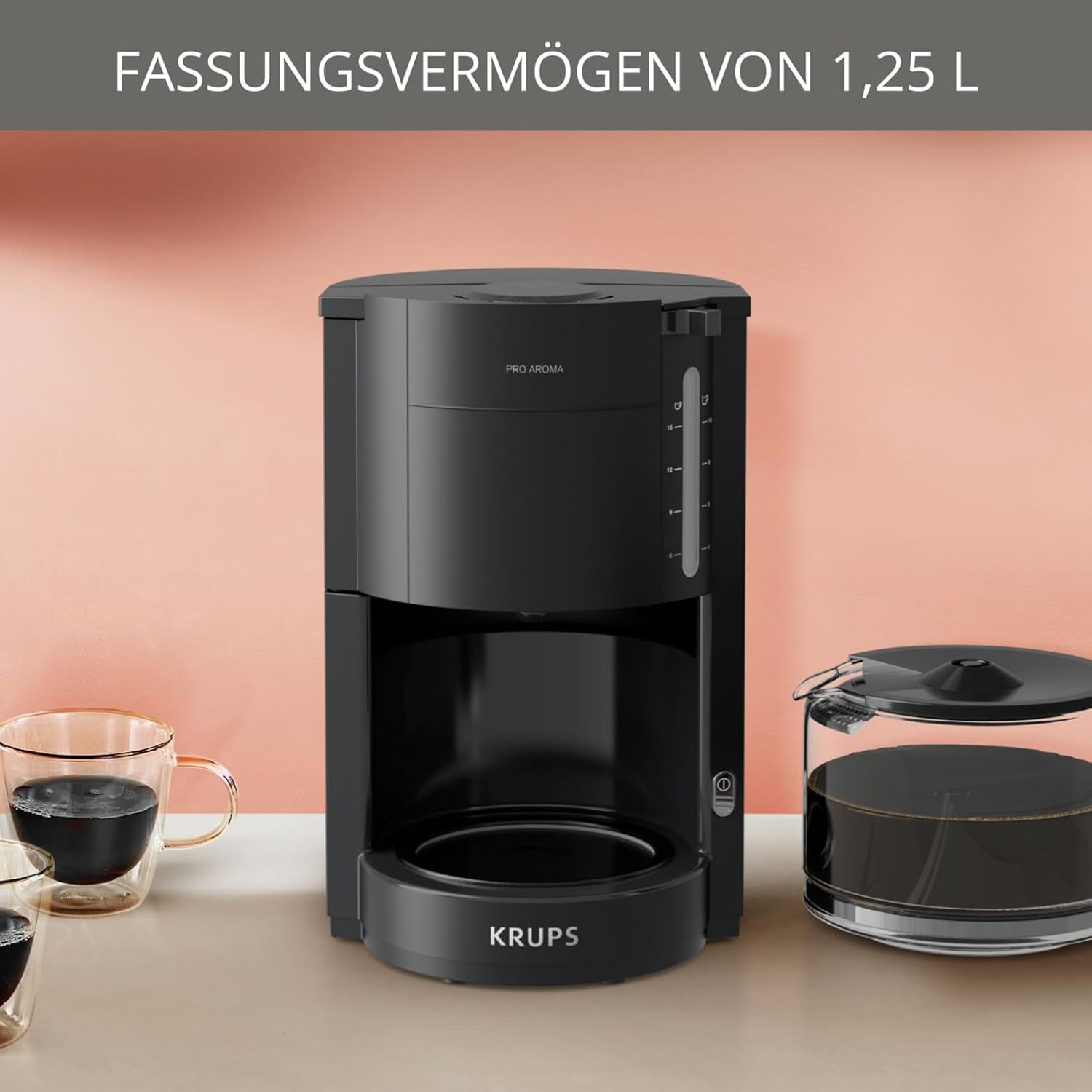 Krups F30908 ProAroma Espressor cu filtru și carafă de sticlă, capacitate 1,25 l, 10-15 cești, 1050 W, negru