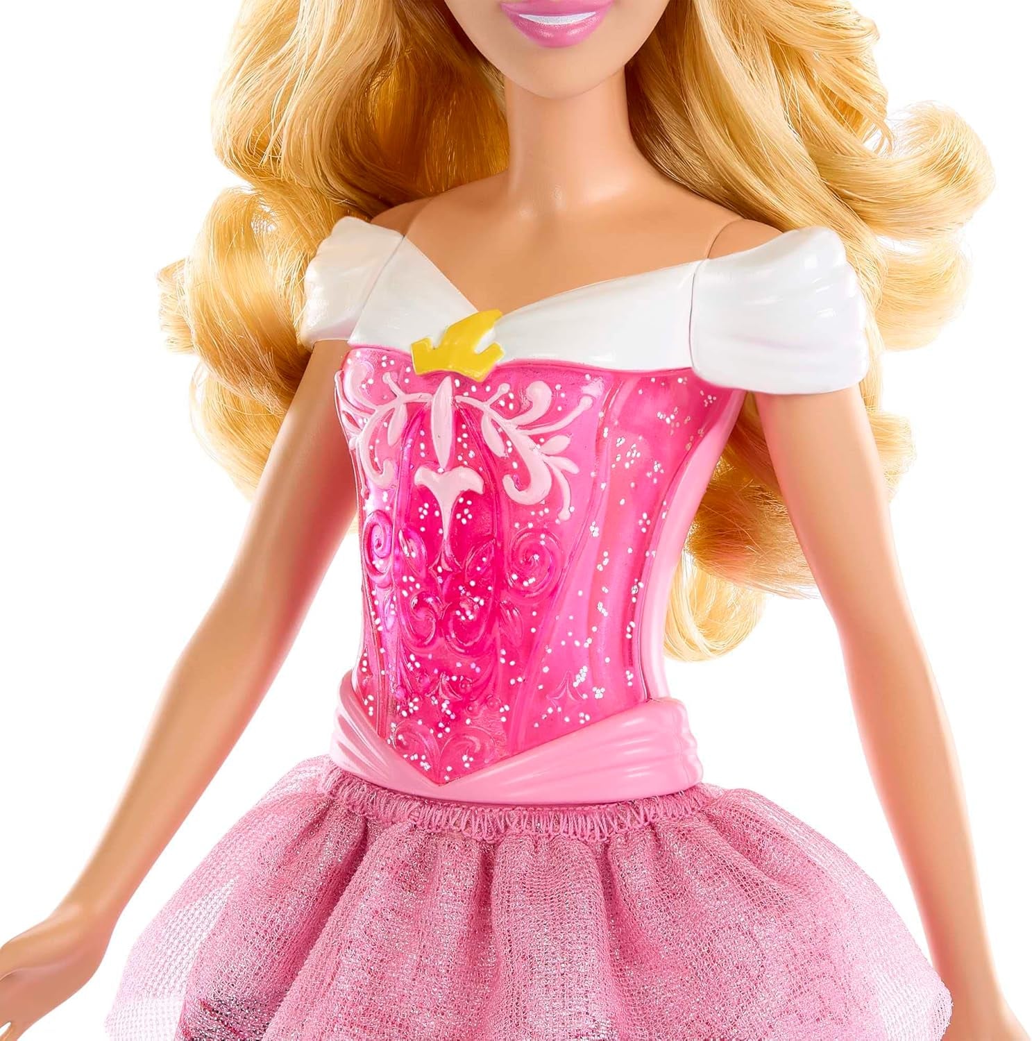 Mattel DISNEY Prințesa Aurora - Păpușă cu ținută emblematică, pantofi și diademă detașabile, top strălucitor și fustă detașabilă cu model, păr lung pentru coafat, HLW09