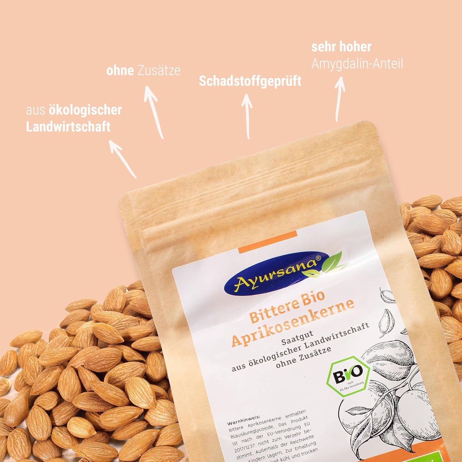 Ayursana Bittere Aprikosenkerne 500G - Saatgut - Sehr Hoher Amygdalin-Anteil - Schadstoffgeprüft Im Deutschen Labor - Bio-Qualität