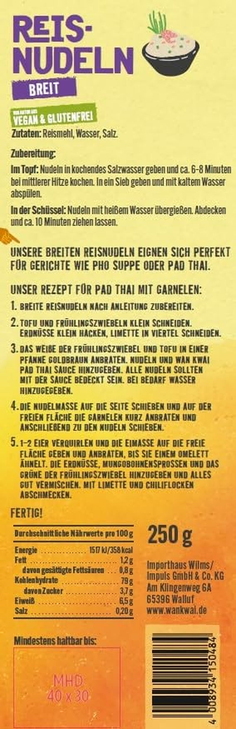 Fideos de arroz anchos Wan Kwai 250 g: variedad auténtica para Pad Thai, sopas y más. Vegano y sin gluten. Listo en 8 minutos.