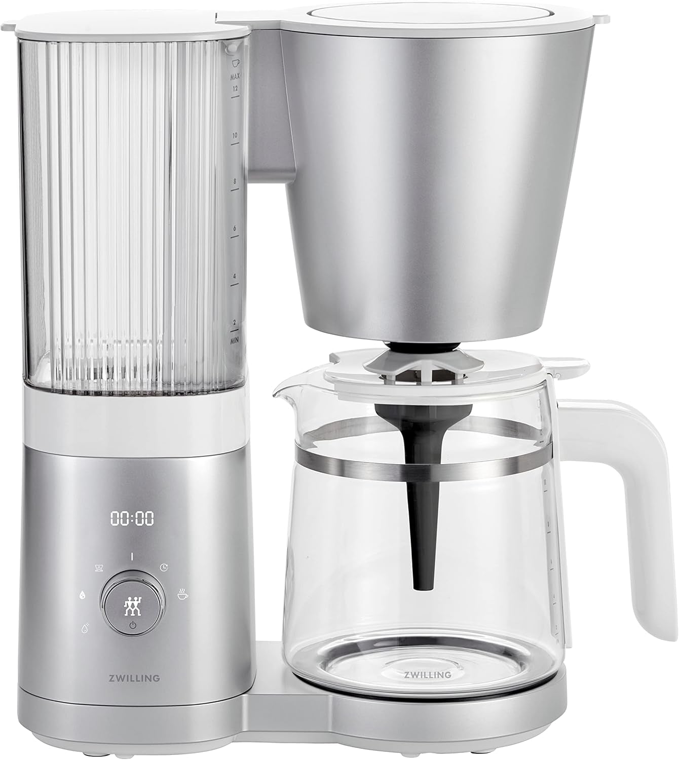 ZWILLING ENFINIGY Espressor cu filtru cu carafă din sticlă de 1,5 l, espressor cu boiler din oțel inoxidabil, funcție Blooming și detartrare inteligentă, plastic, argintiu
