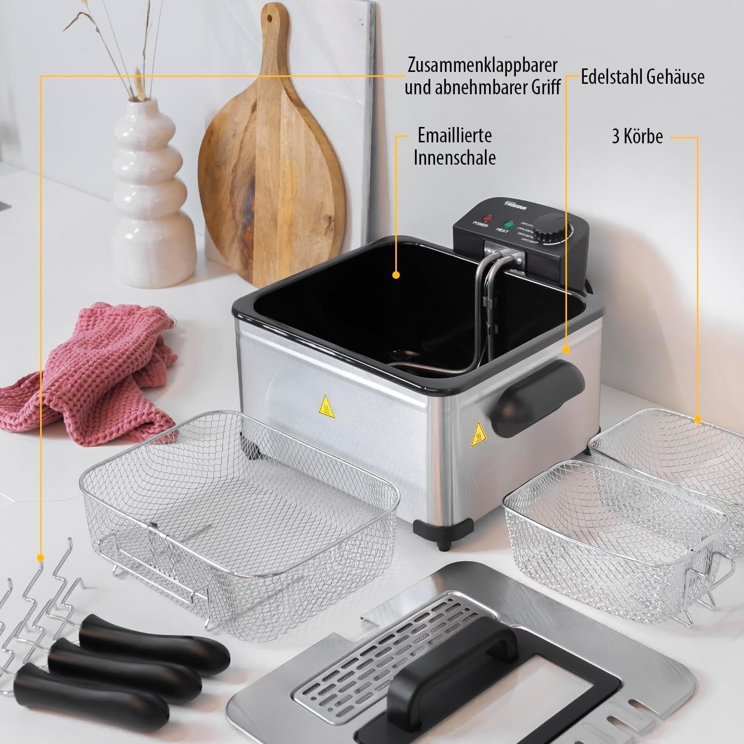 Freidora Tristar, 1 cestillo grande y 2 cestos pequeños, termostato regulable, zona de enfriamiento, 5 litros, 2000 W, FR-6949 Electrodomésticos Naty Shop