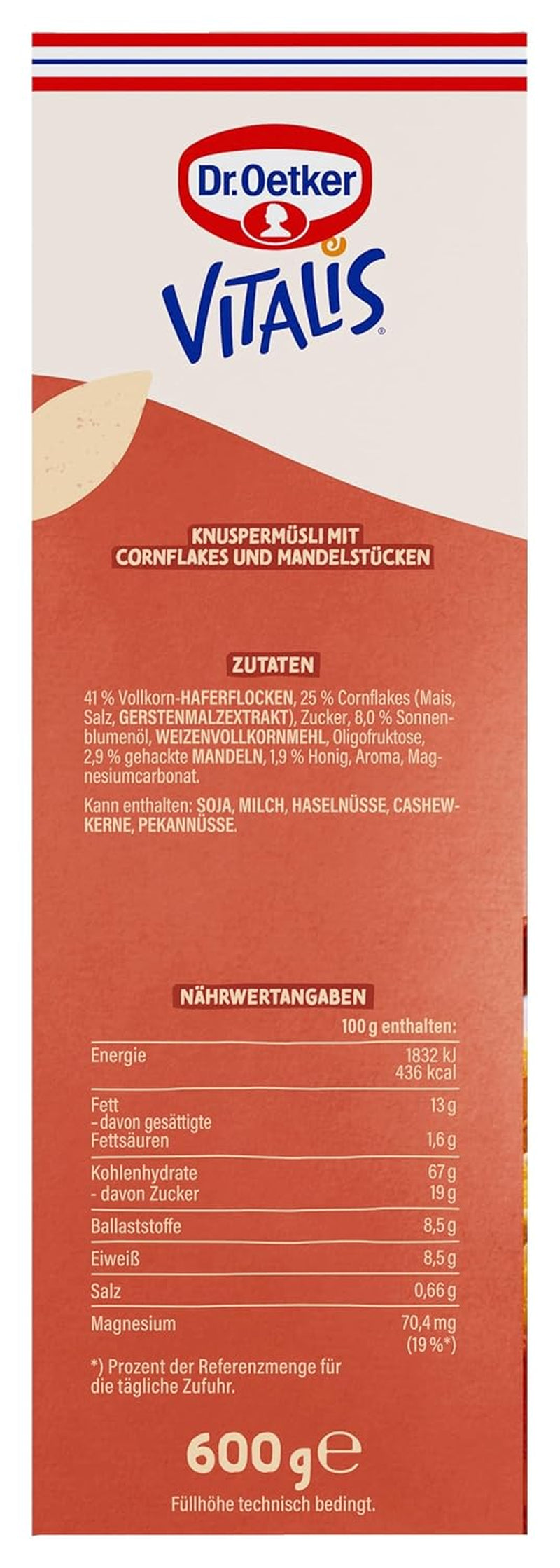 Dr. Oetker Vitalis Crunchy Flakes: muesli crujiente con copos de maíz y trozos de almendra, paquete de 5 (5 x 600 g)