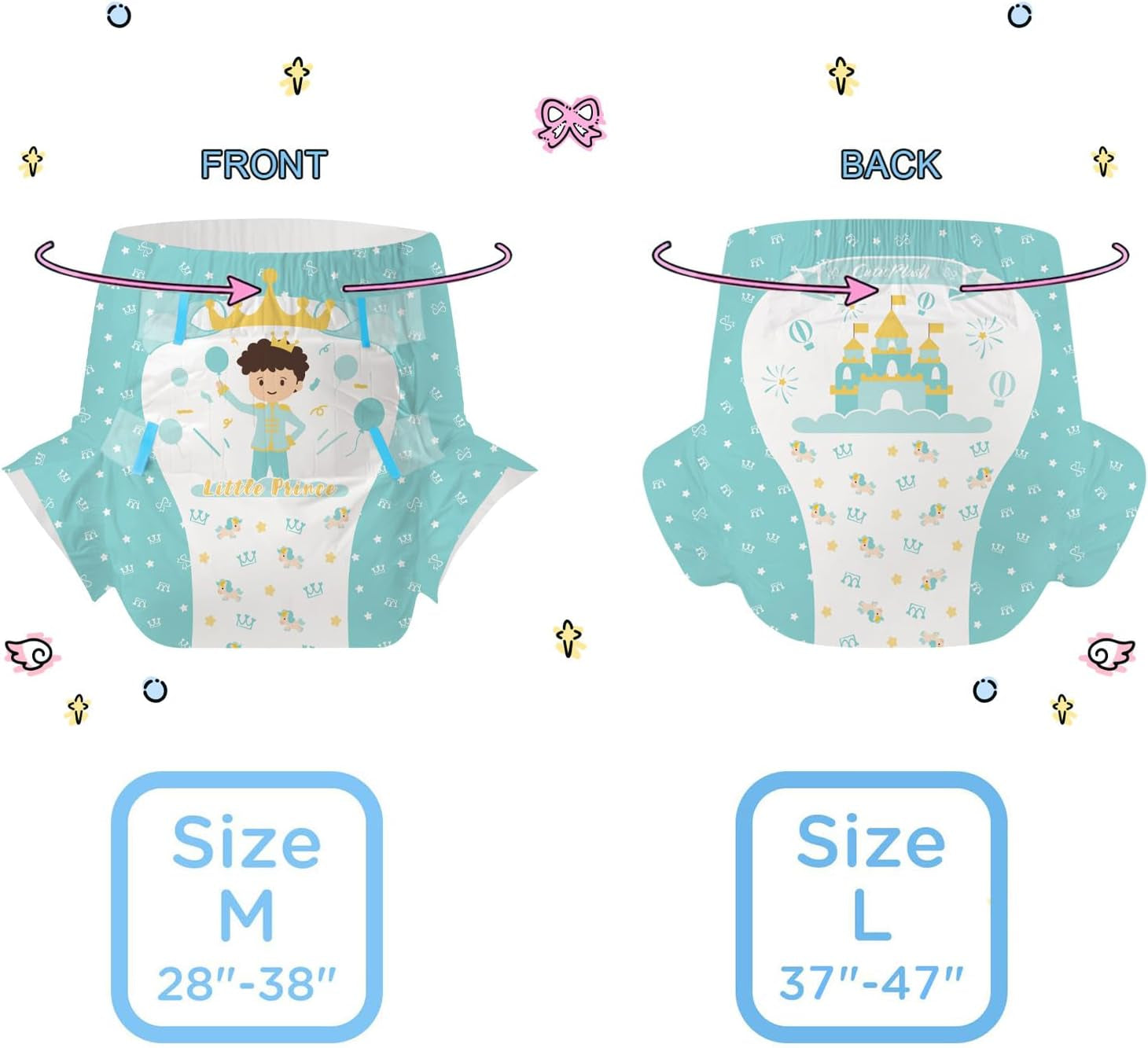 CutiePlusU Pañales para Adultos Paquete de 2 Bragas Desechables para Incontinencia con Solapas para Mujeres y Hombres Máxima Absorbencia Durante la Noche - Principito (Mediano 71-96 cm)