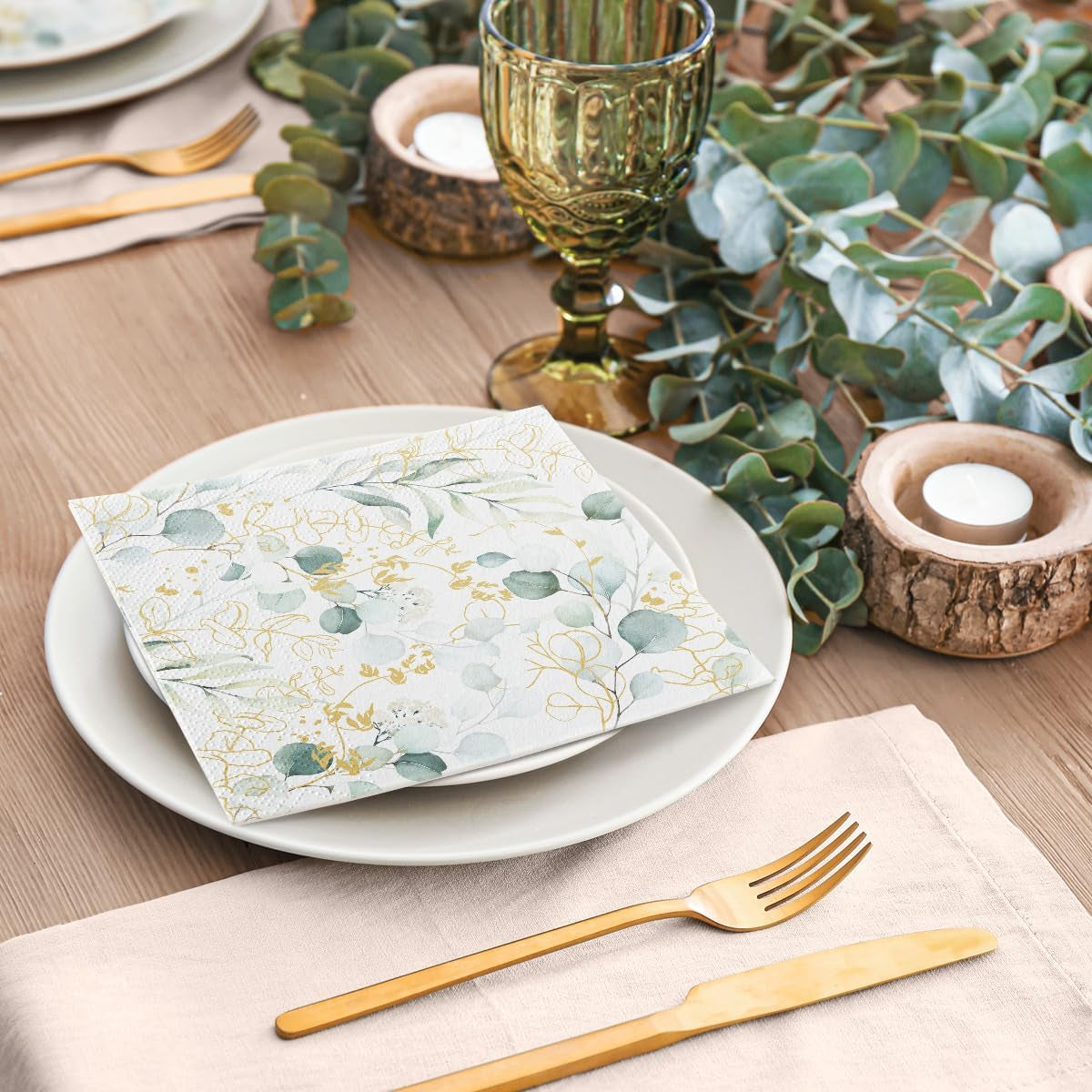 PAW - Șervețele 3 straturi (33 X 33 Cm) I 20 bucăți I Perfect pentru zile de naștere, petreceri, nunți, comuniuni și sărbători I Decor de masă Șervețele de hârtie elegante - Eucalipt auriu I Eucalipt auriu