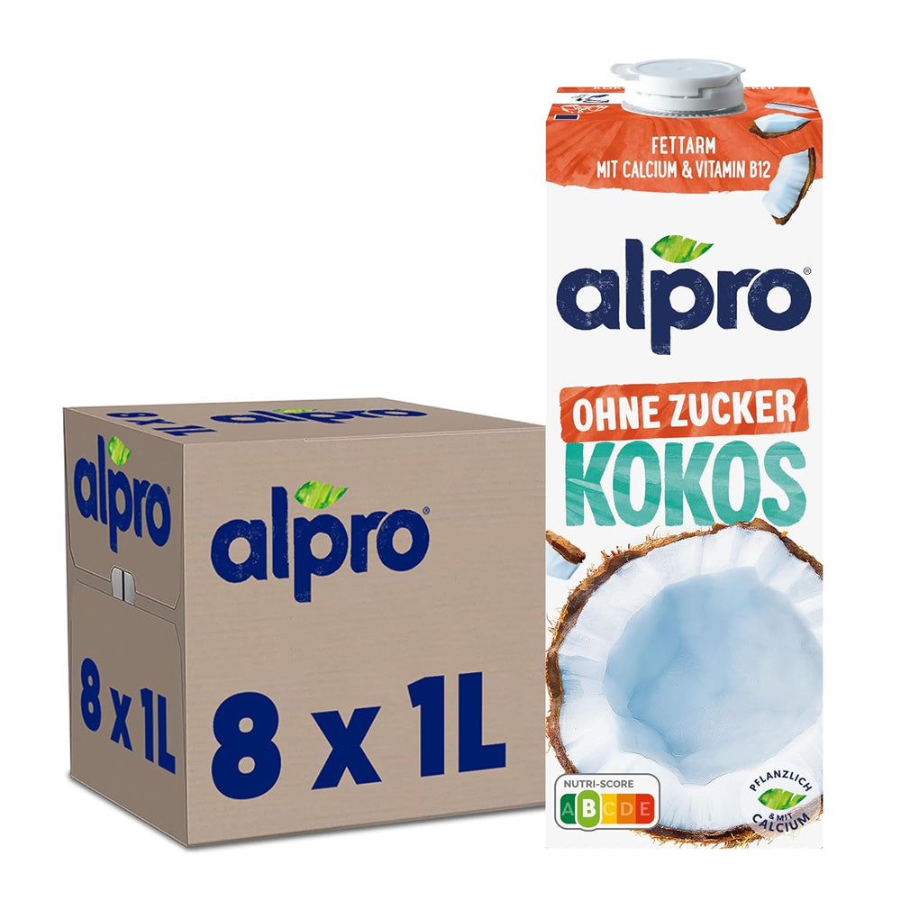Alpro Kokosnussdrink ohne Zucker – Ohne Süßstoffe – Vegan und milchfrei – Von Natur aus lactosefrei und fettarm – Rico en calcio y vitaminas – 8 x 1 L