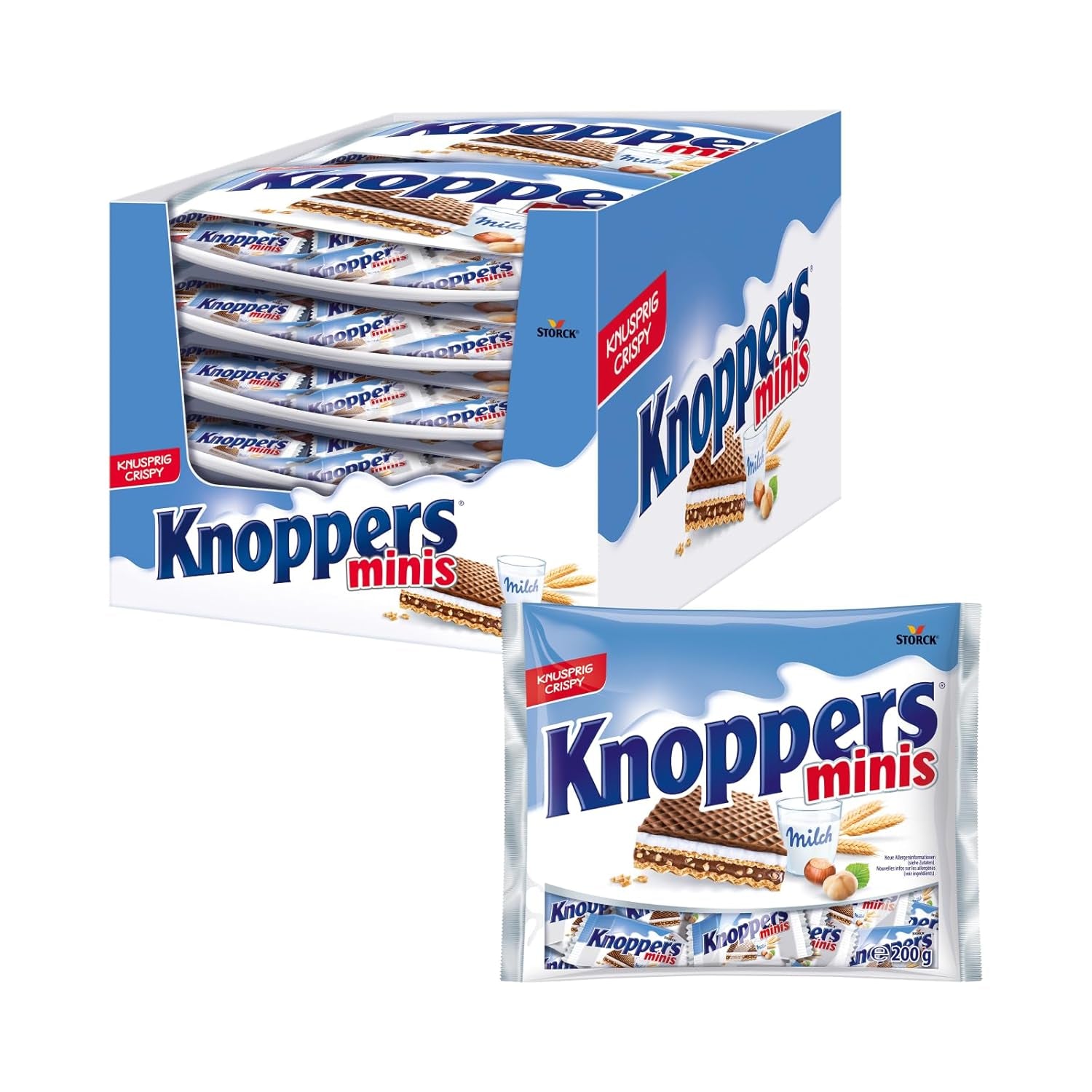 Knoppers blancos y negros – 8 x 25 g – Lonchas de barquillo rellenas de barquillos de cacao oscuro, trozos de galleta negra, leche y crema de turrón