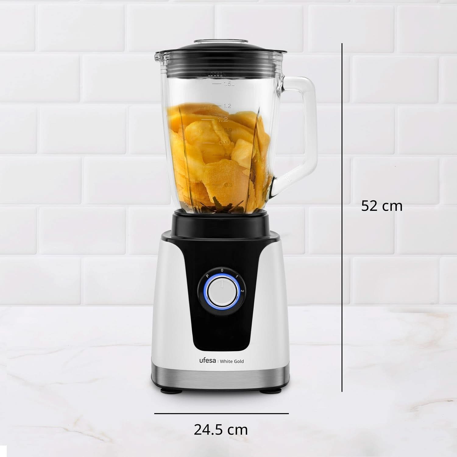 Batidora con base Ufesa White Gold, 1500W Leistung, 1,5L Glaskrug, Geschwindigkeitsregler Mit Led-Licht, Ice Crusher, 6 Herausnehmbare Edelstahlklingen, 2 Geschwindigkeiten + TURBO Mother and Child Naty Shop