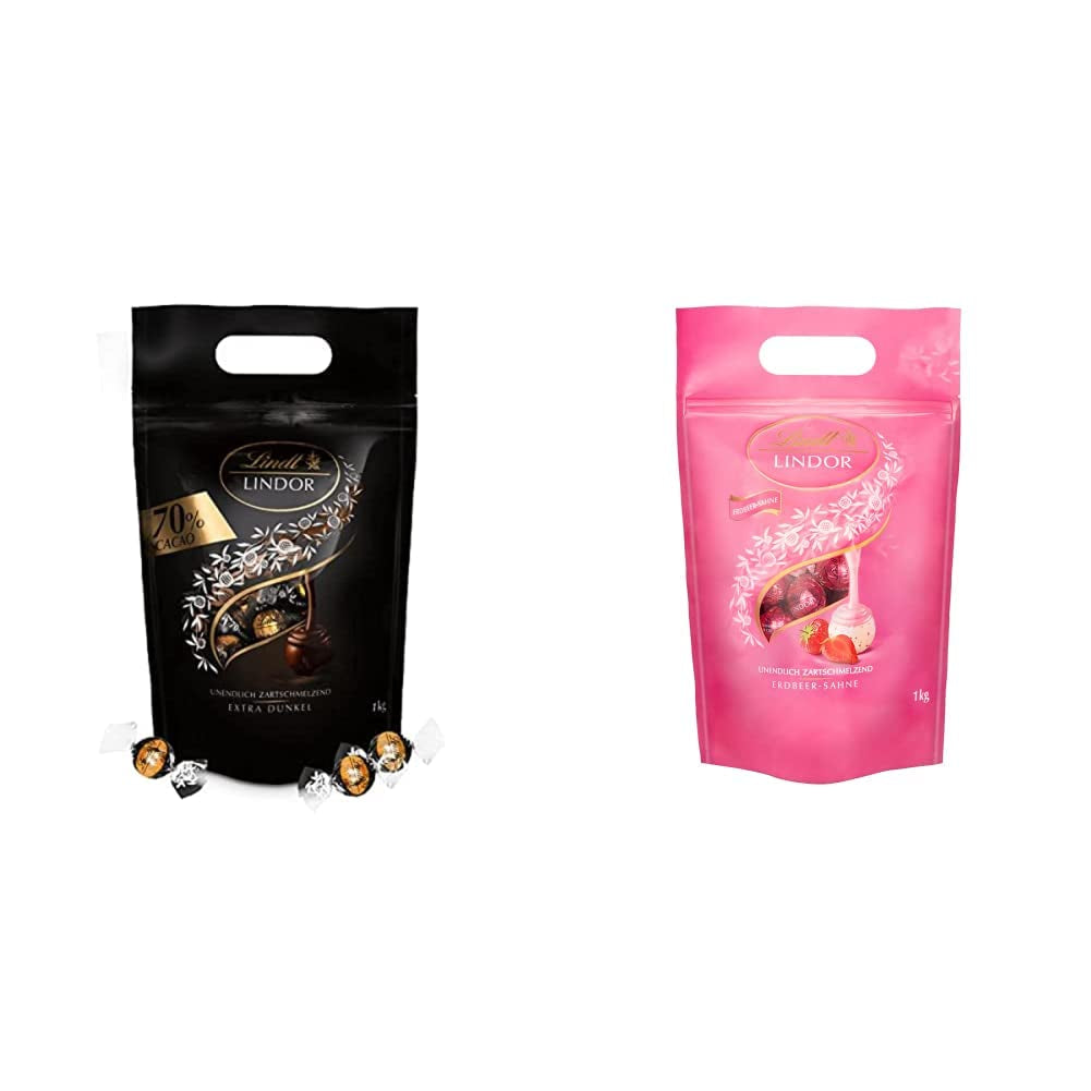 Bolas de chocolate extra oscuro Lindt LINDOR y bolas de chocolate con crema de fresa LINDOR | Bolsa resellable de 1 kg | aprox. 80 white chocolate balls with strawberry cream