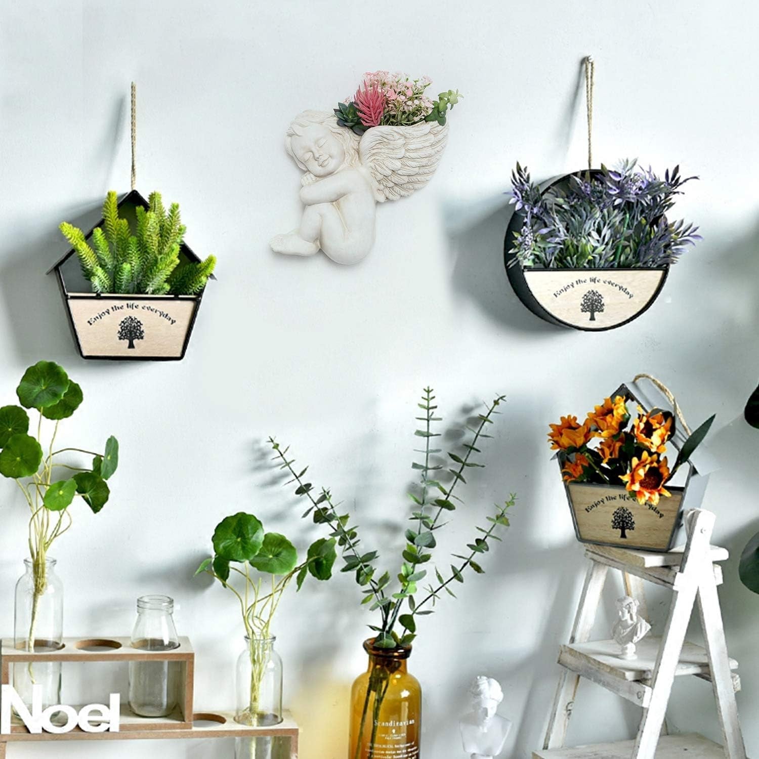 Ghiveci de plante montat pe perete și pe suprafață plană, înălțime 20 cm, cap de înger, suport de perete, suport pentru flori, vază, ghivece din rășină cu față de păpușă, recipient pentru plante de masă, ghiveci