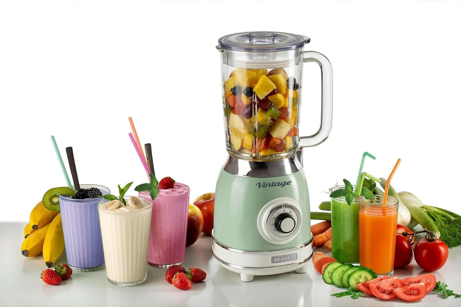 Ariete Vintage 583 Batidora de vaso, batidora multifunción retro con 4 grifos, 4 geschwindigkeiten + función de pulso, función de triturador de hielo, 1,5 litros de capacidad, 1000 W, Green Kitchen Naty Shop