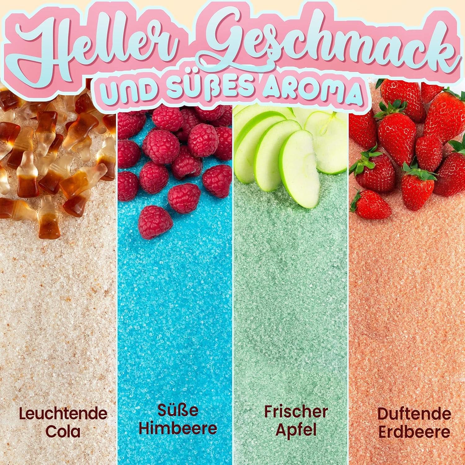 GREENDOSO® Algodón de azúcar para máquina de algodón de azúcar (4 x 320 gramos) - 4 sabores (fresa/cola/frambuesa/manzana) + 50 barritas - MADE in FRANCE Naty Shop