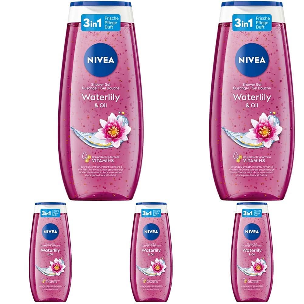 NIVEA Waterlily & Oil, Gel de duș cu parfum proaspăt de nufăr, pH neutru, 250 ml Duș și baie Naty Shop Set 5 x 250 ml Ulei de nufar - versiunea noua