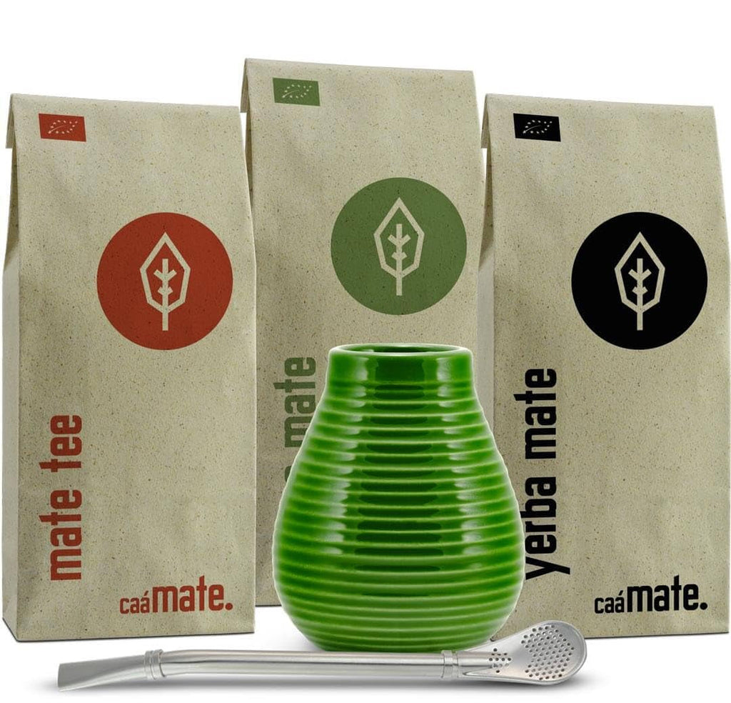 Set de ceai Mate din ceramică ● 3 sortimente de Mate BIO + cană Mate + Bombilla + instrucțiuni de preparare (Vintage)